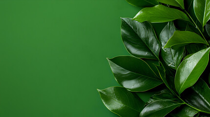 A close-up of lush green leaves on a vibrant green background, emphasizing nature's beauty.