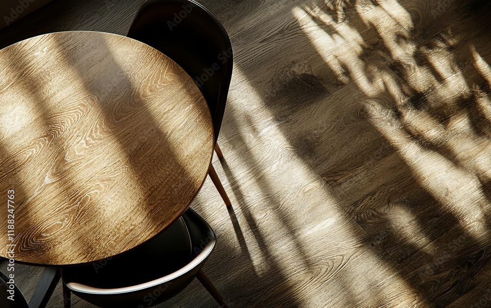 Aufkleber Sunlight streams through window onto round wooden table and chairs.