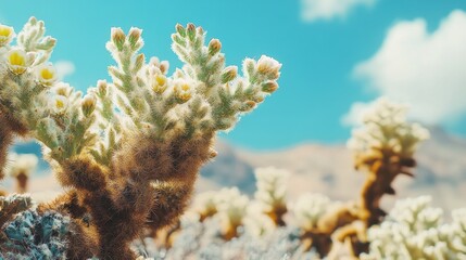Naklejka premium Desert Bloom: Close-up of a Fuzzy Cactus in Full Flower Against a Bright Blue Sky