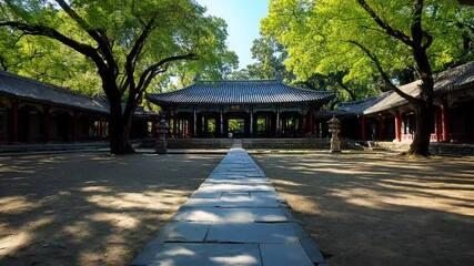 Stone lanterns flanking a pathway leading to a traditional Asian pavilion in a sun-drenched courtyard. - Powered by Adobe