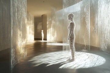 A modern art gallery with intricate wire sculptures and holographic light displays, highlighted by...