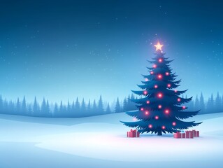 Fototapeta premium Serene winter landscape with illuminated christmas tree and gifts under starry night sky