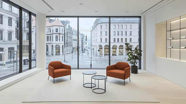 Modern office lounge with city view, two armchairs, and small tables