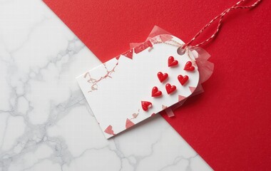 A white heart-shaped gift label features red horizontal lines arranged in a symmetrical pattern. The minimalist design is both elegant and versatile, perfect for adding a romantic touch to any gift.