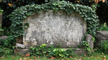 Blank old gravestone in graveyard, symbolizing history, memory, and somber reflections, ideal for memorial designs, historical themes, and respectful commemorations. 