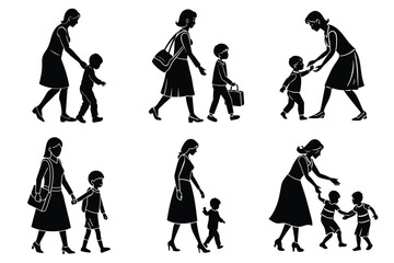 Happy Mothers' Day silhouette set. Mother with child playing, walking, holding vector illustration. Mother's Day icon design collection