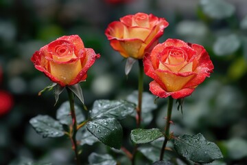 Red garden roses with yellow patterns  blooming in Bandung.