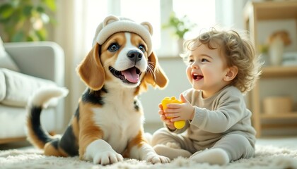 A playful little child with a toy in hands playing with a beagle puppy on living room carpet