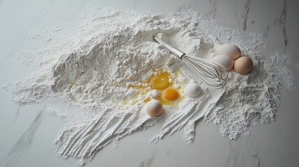 An inviting scene of baking essentials featuring flour, eggs, and a whisk on a marble countertop.
