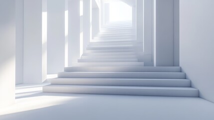 Fototapeta premium Bright, long staircase in a white, minimalist hallway with pillars leading to light.