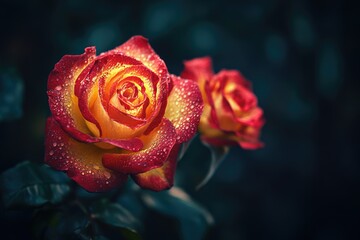 Red garden roses with yellow patterns  blooming in Bandung.