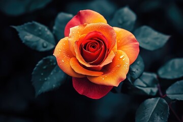 Red garden roses with yellow patterns  blooming in Bandung.