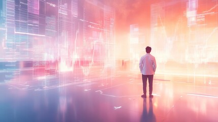 Fototapeta premium Man observing futuristic data visualization on large screen.