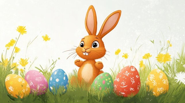 Cheerful bunny surrounded by colorful eggs in vibrant spring mea