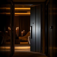 Open wooden hotel door with a modern luxury room  adorned with candle lights at night scene, interior home decoration design