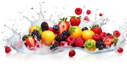 Vibrant mix of fresh berries and fruits in a water splash