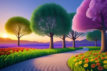 Beautiful and Peaceful Nature Scenery Illustration Landscape Countryside Tranquil Vibrant and Colorful
