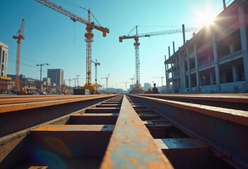 Fototapeta premium Construction Site Flourishes Under Bright Sunlight With Cranes Towering on the Horizon
