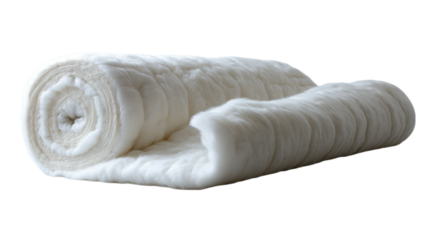 Insulation Roll on White Surface, showcasing a partially unrolled insulation material, emphasizing texture and simplicity against a clean backdrop.