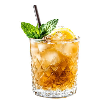 Extreme front view of a perfect looking Whiskey Smash whisky drink isolated on a white transparent background