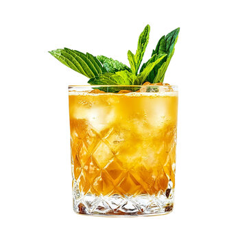 Extreme front view of a perfect looking Whiskey Smash whisky drink isolated on a white transparent background