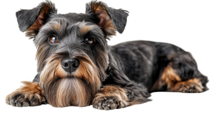 Schnauzer with Trimmed Beard, elegant canine portrait against a crisp white backdrop, showcasing the breed's distinctive features and charm