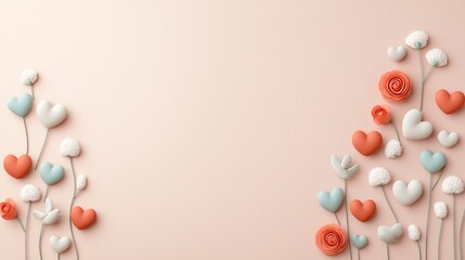 A delicate and minimalistic Valentine&rsquo;s Day background featuring pastel-colored hearts and floral elements arranged symmetrically on a soft pink backdrop.