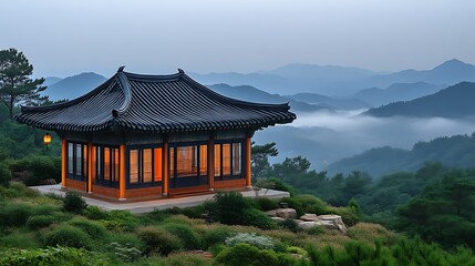 Obraz premium Serene Pavilion Perched Atop Misty Mountain Range