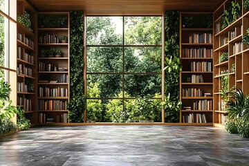 A modern library with wooden shelves, stone flooring, and green plants adding a touch of nature