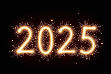 Number 2025 in bold golden sparks against black background