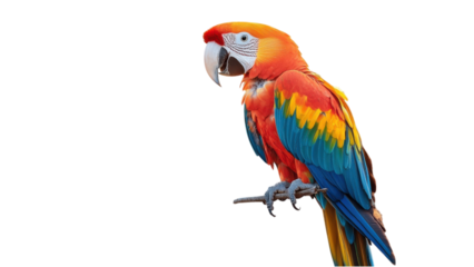 Parrot on Branch, vibrant parrot resting on a bare branch, minimalistic design, bright white backdrop, striking simplicity and elegance