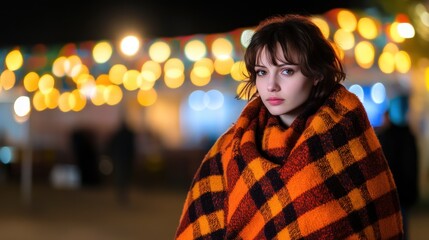 Fototapeta premium Night Portrait: Serene Woman in Orange Blanket Amidst Festive Lights