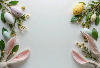 Easter background with decorated eggs, green leaves, delicate flowers, and bunny ears peeking from the corners, leaving space in the center for text or design elements
