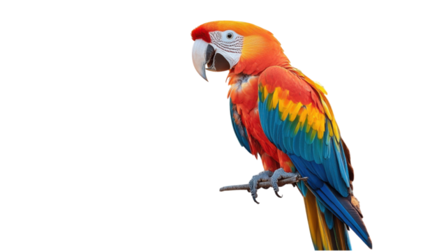 Parrot on Branch, vibrant parrot resting on a bare branch, minimalistic design, bright white backdrop, striking simplicity and elegance