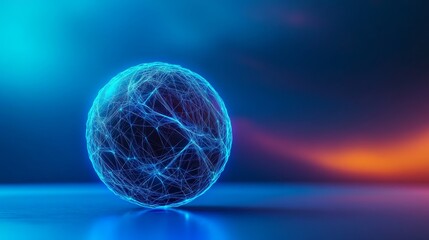 Glowing blue sphere with network connections on gradient background