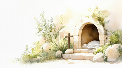 Tranquil watercolor of ancient stone tomb with cross and lush greenery