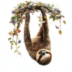 Obraz premium A cute sloth hanging from a branch surrounded by colorful flowers.