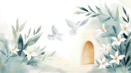 Watercolor resurrection scene with lilies and doves in spring garden
