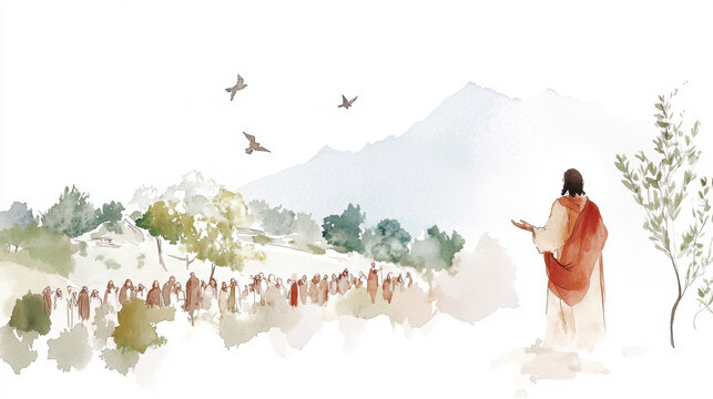 Watercolor jesus teaching sermon on the mount landscape with nature and flock