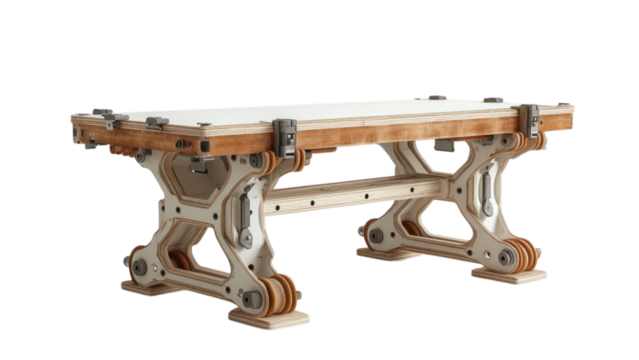 Portable workbench with clamps, sleek minimal design, set against a clean white background, versatile for various projects