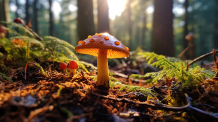 Magical Forest Mushroom with Dew Drops in Golden Sunlight