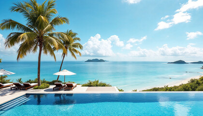 Fototapeta premium Luxurious beachfront villa with infinity pool overlooking serene ocean and islands on a sunny day