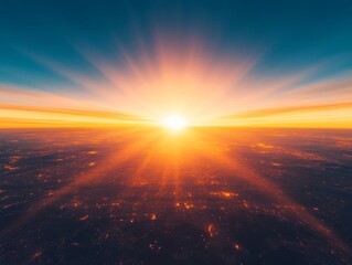 Stunning aerial sunrise over cityscape with vibrant sunrays and expansive horizon