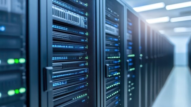 Inside the data center, rows of powerful servers driving the digital world and cloud computing revolution - Powered by Adobe