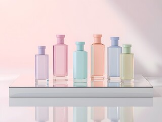 Elegant Pastel Perfume Bottles Displayed on Reflective Surface. mockup perfume bottles image 

