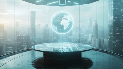 Futuristic conference room with holographic globe and cityscape view