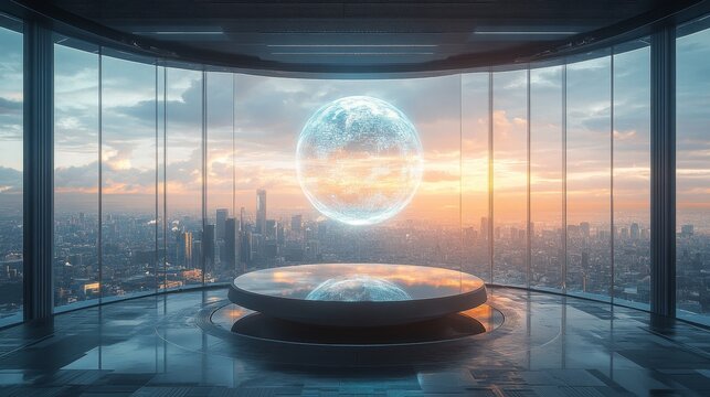 Futuristic skylounge with holographic earth in modern urban setting at sunset
