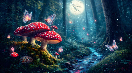 Mesmerizing Scene of Bright Red Mushrooms with White Spots Set in a Mystical and Enchanting Forest Full of Wonder