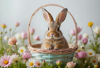 Cute brown bunny sitting in a pastel Easter basket surrounded by blooming spring flowers on a soft background