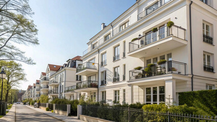 Fototapeta premium modern corner apartment complex with blue colored windows and light leaks.house, urban, white, window